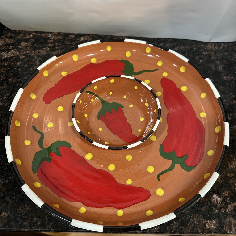 ART POTTERY by Rhonda Lincoln signed NW 2000 CHILI PEPPER CHIP and DIP BOWL